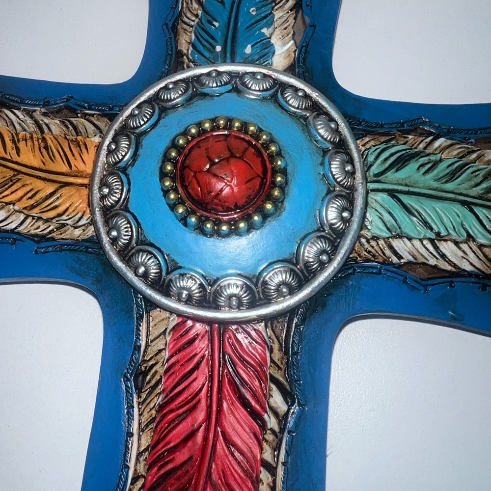Southwest Native Indian Wall Cross Turquoise Feather Design Hand-Painted Navajo - Picture 5 of 16